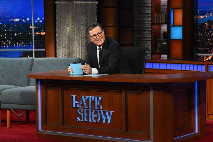 The Late Show with Stephen Colbert during Monday’s January 20, 2025 show. Photo: Scott Kowalchyk/CBS ©2024 CBS Broadcasting Inc. All Rights Reserved.