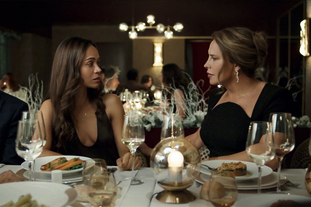 Emilia Perez. (Featured L-R) Zoe Saldaña as Rita Moro Castro and Karla Sofía Gascón as Emilia Pérez in Emilia Pérez. Cr. Netflix © 2025.