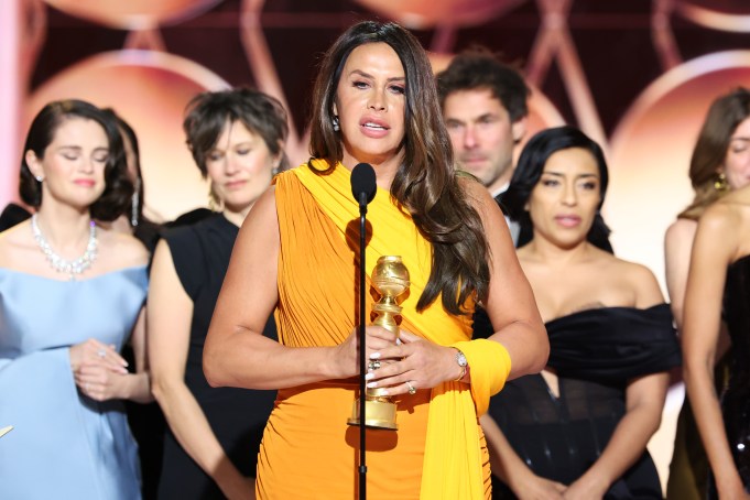 Karla Sofía Gascón wins Best Motion Picture – Musical or Comedy for "Emilia Pérez" during the 82nd Annual Golden Globes held at The Beverly Hilton on January 05, 2025 in Beverly Hills, California.