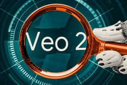 Photo illustration of a robot's hand holding a magnifying glass to the words "Veo 2"