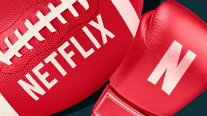 A football and a boxing glove with the Netflix logo on them