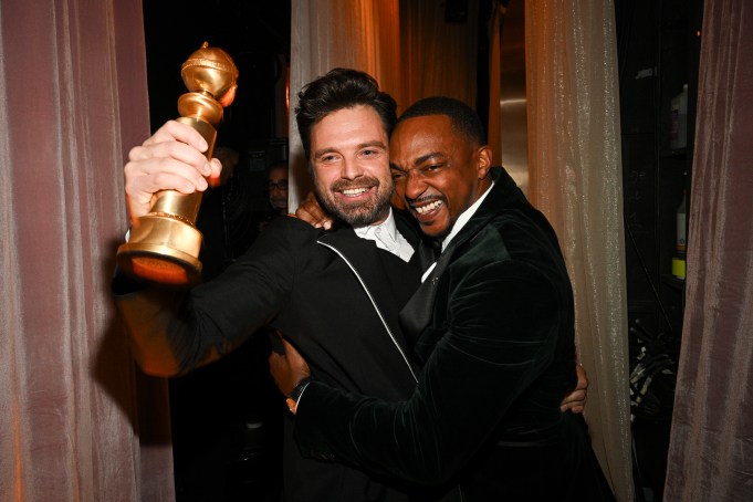 Sebastian Stan, ANTHONY MACKIE at the 82nd Annual Golden Globes held at The Beverly Hilton on January 05, 2025 in Beverly Hills, California. (Photo by Michael Buckner/GG2025/Penske Media via Getty Images)