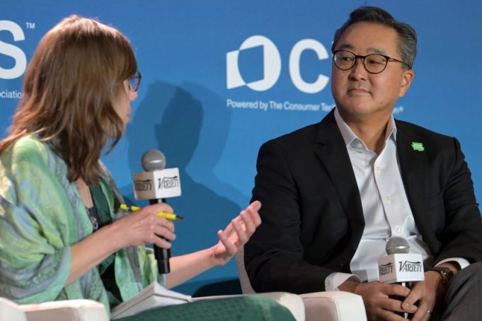 LAS VEGAS, NEVADA - JANUARY 08:  (L-R) Cynthia Littleton, Co-Editor-in-Chief, Variety and David J. Lee, COO & CFO, WEBTOON Entertainment speak onstage during the Variety Entertainment Summit at CES on January 08, 2025 in Las Vegas, Nevada. (Photo by Bryan Steffy/Variety via Getty Images)