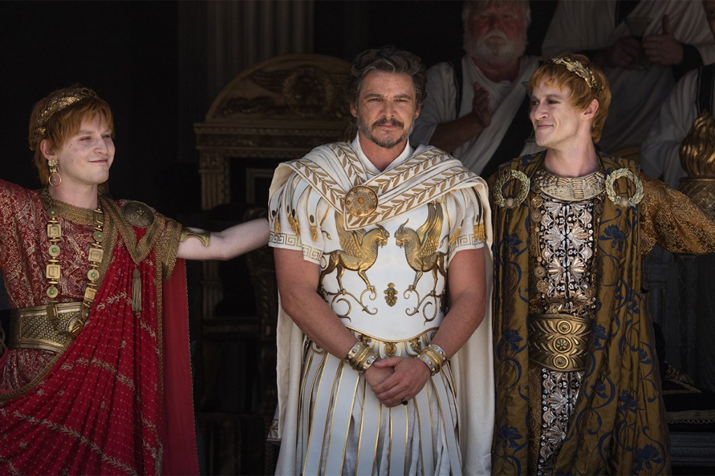 Fred Hechinger plays Emperor Caracalla, Pedro Pascal plays General Acacius and Joseph Quinn plays Emperor Geta in Gladiator II from Paramount Pictures.