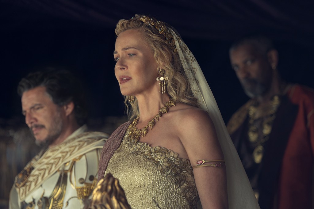 Pedro Pascal plays General Acacius, Connie Nielsen plays Lucilla and Denzel Washington plays Macrinus in Gladiator II from Paramount Pictures.