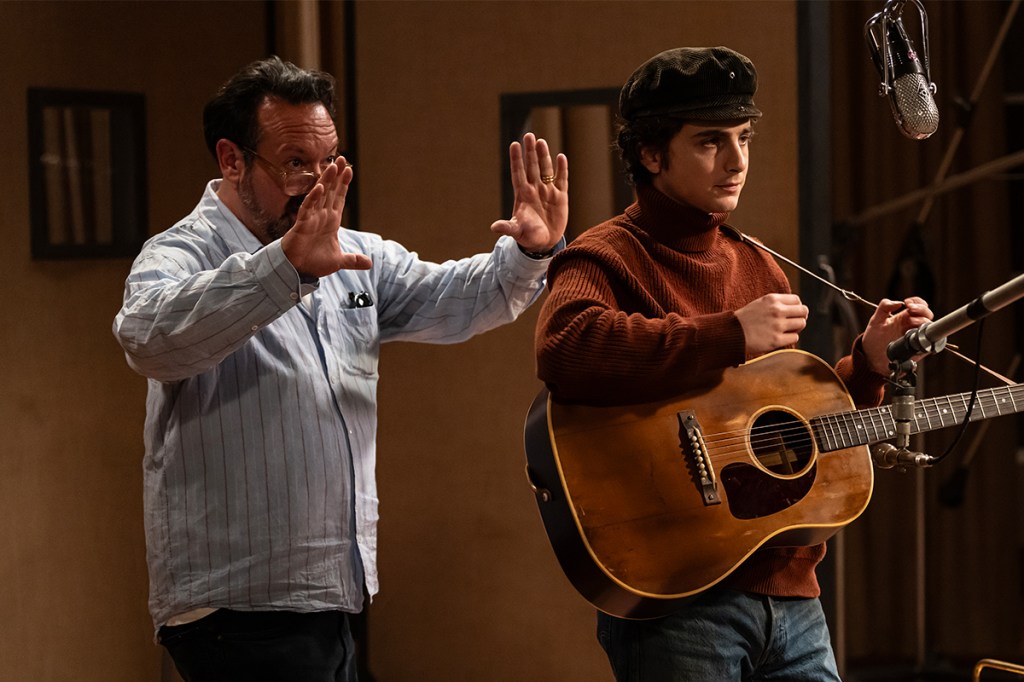 Director James Mangold and Timothée Chalamet on the set of A COMPLETE UNKNOWN. Photo by Macall Polay,  Courtesy of Searchlight Pictures. © 2024 Searchlight Pictures All Rights Reserved.