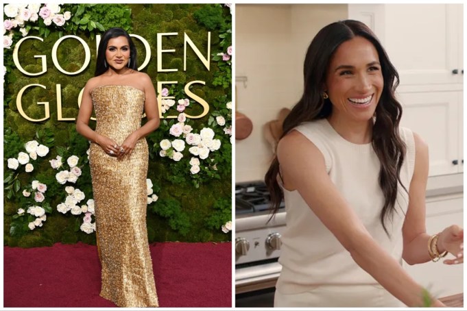 From left to right: Mindy Kaling at the Golden Globes and Meghan Markle in her "With Love, Meghan" cooking show.