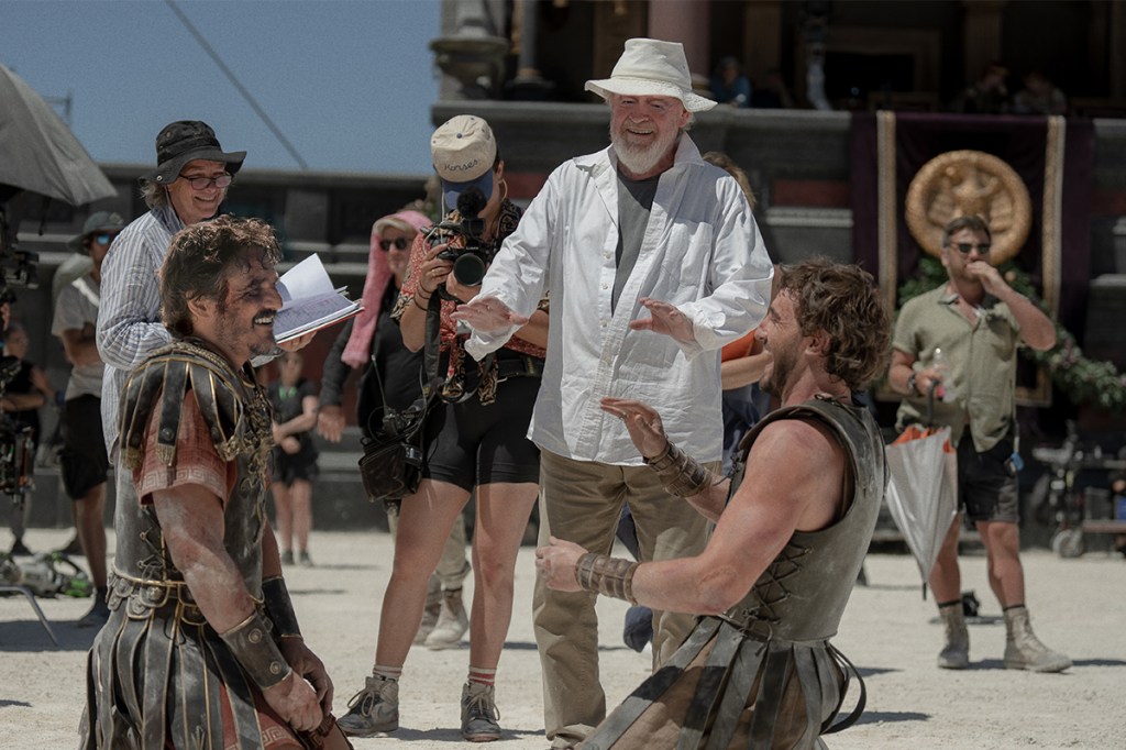 Pedro Pascal, Director Ridley Scott and Paul Mescal on the set of Gladiator II from Paramount Pictures.