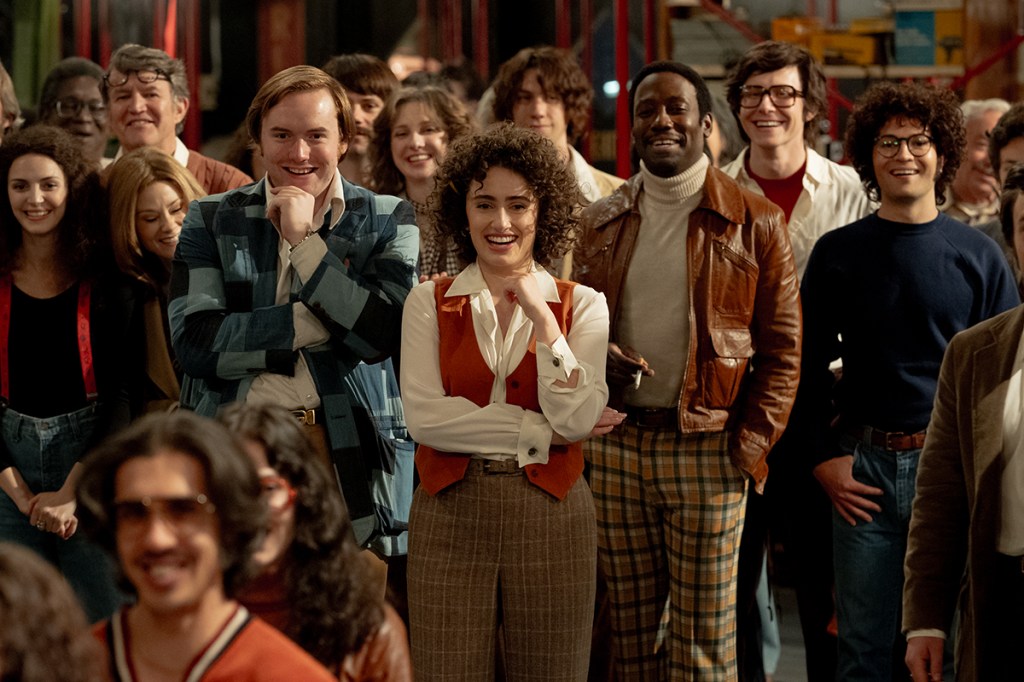 Gilda Radner (Ella Hunt), Jane Curtain (Kim Matula), Dick Ebersol (Cooper Hoffman), Rosie Shuster (Rachel Sennott), Garrett Morris (Lamorne Morris), Alan Zweibel (Josh Brener) and Lorne Michaels (Gabriel LaBelle) in SATURDAY NIGHT.