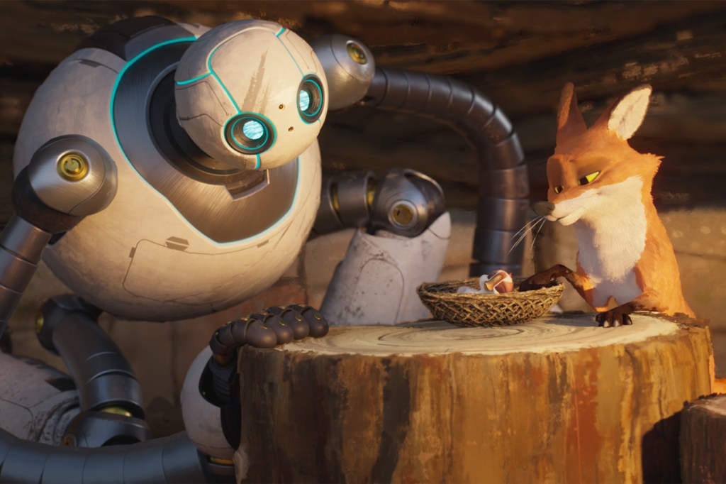 (from left) Roz (Lupita Nyong’o), Brightbill (Kit Connor) and Fink (Pedro Pascal) in DreamWorks Animation’s The Wild Robot, directed by Chris Sanders.