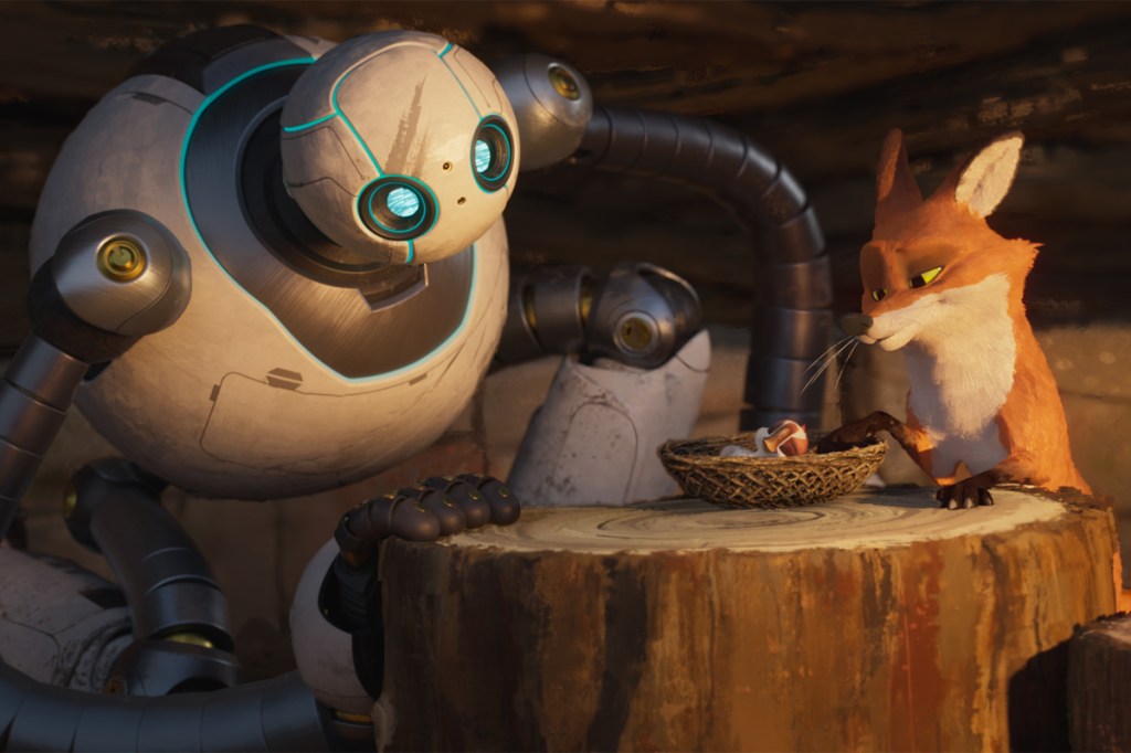 (from left) Roz (Lupita Nyong’o), Brightbill (Kit Connor) and Fink (Pedro Pascal) in DreamWorks Animation’s The Wild Robot, directed by Chris Sanders.